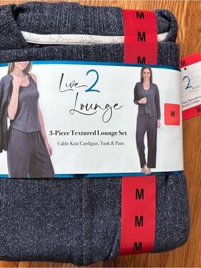 Live 2 Lounge 3 Piece Lounge Set Navy Medium Cable Knit Cardigan Tank Pants NWT